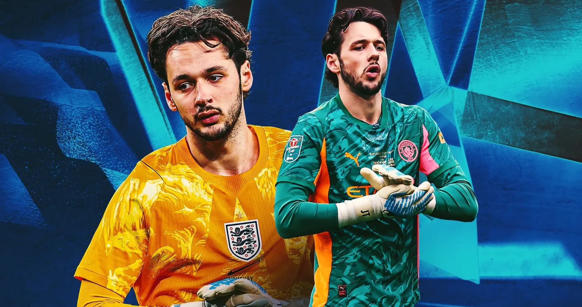 Two goalkeepers in different kits on abstract background