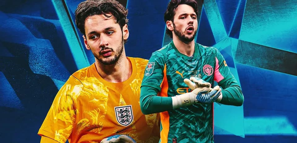Two goalkeepers in different kits on abstract background