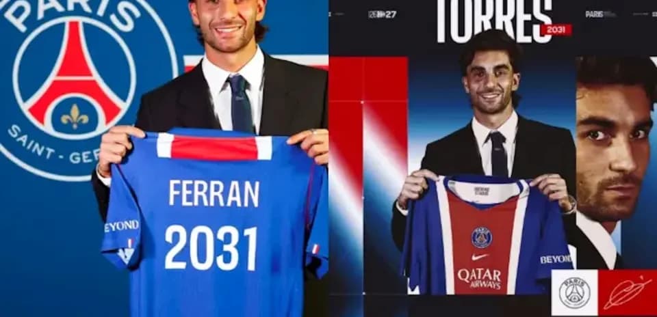 Ferran Torres holding PSG jersey at presentation event