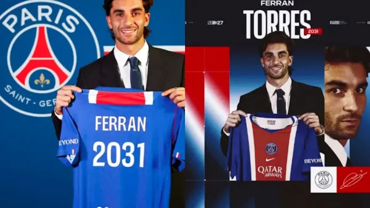 Ferran Torres holding PSG jersey at presentation event