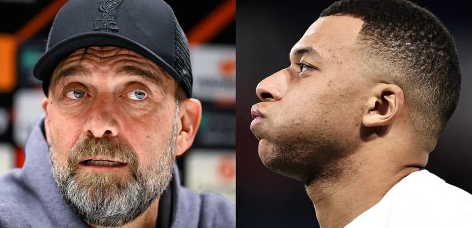 Jurgen Klopp and Kylian Mbappe in split image
