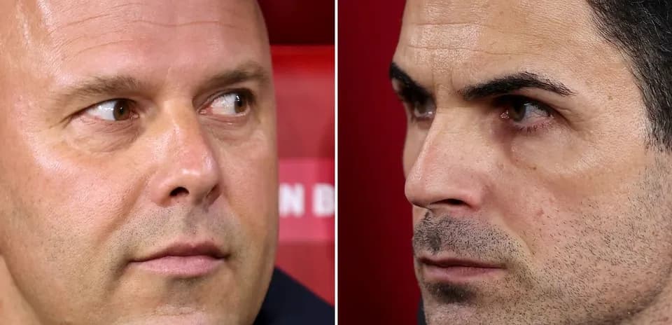 Two football managers in intense expressions during match