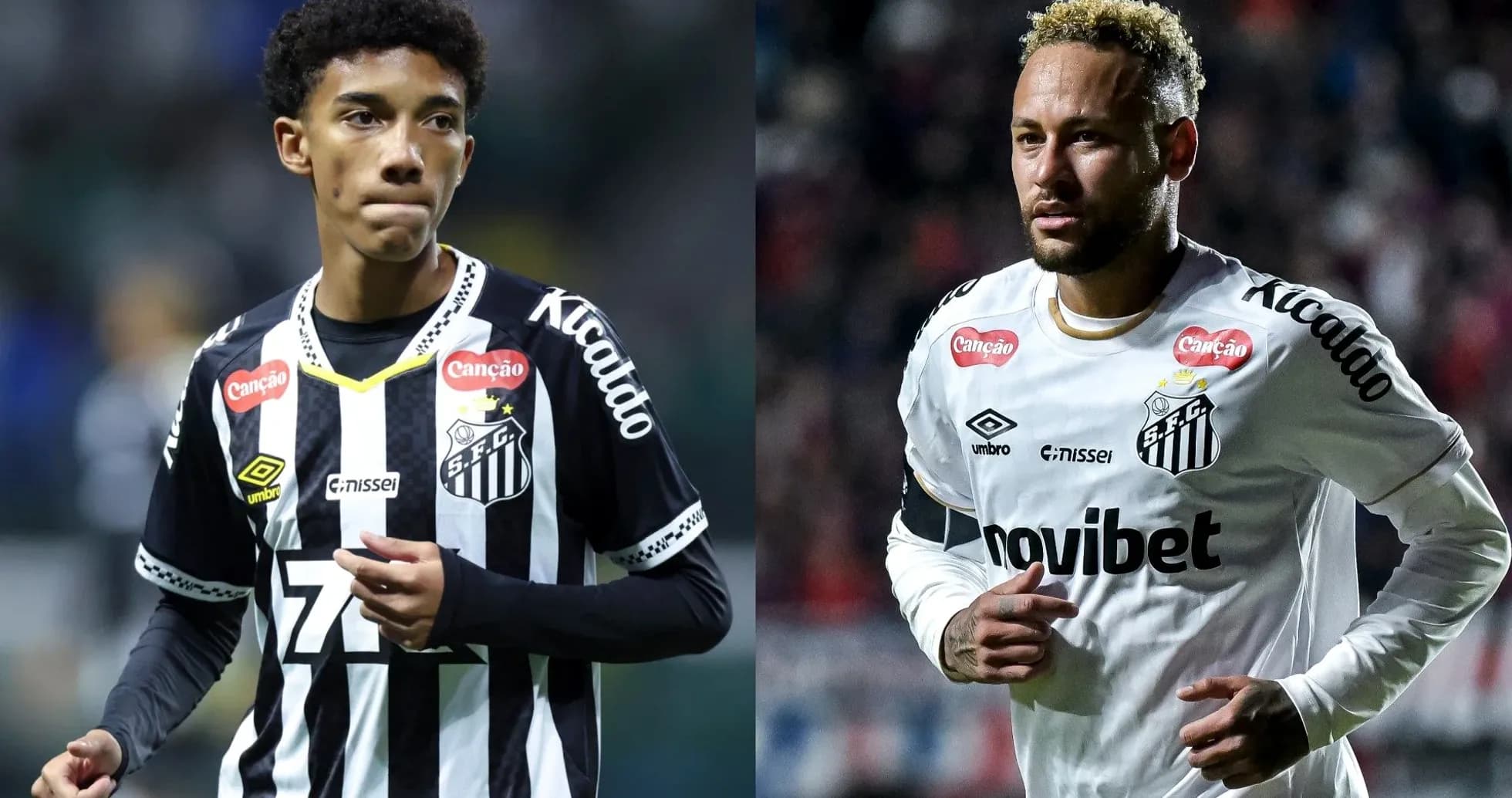 Two Santos FC players in team jerseys on field