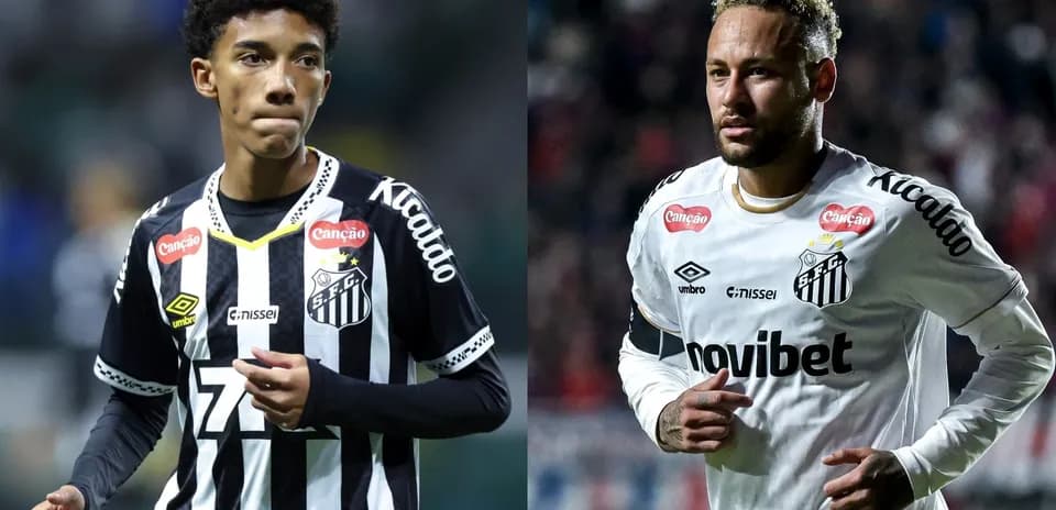 Two Santos FC players in team jerseys on field