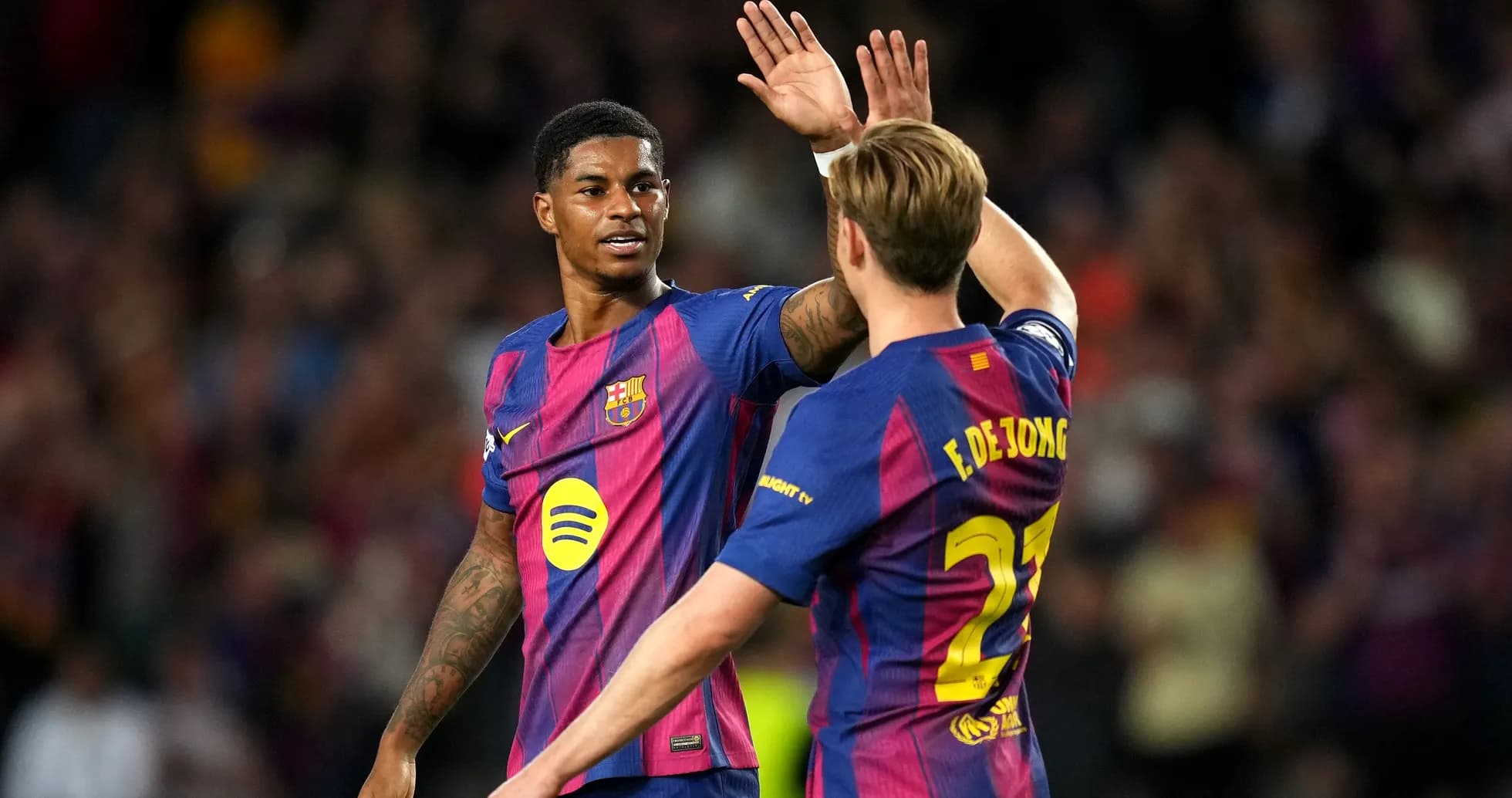 Barcelona players celebrating after a goal