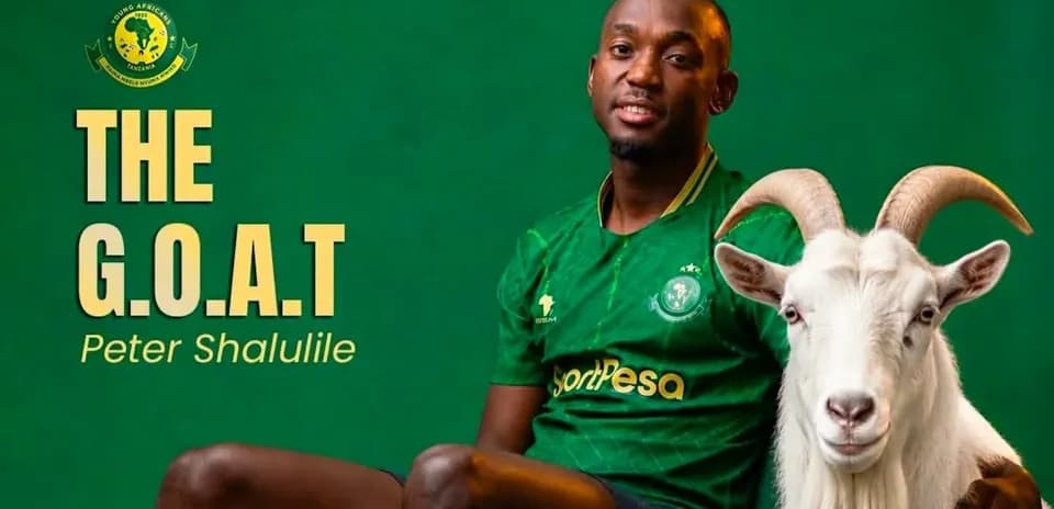 Player Peter Shalulile with goat mascot backdrop