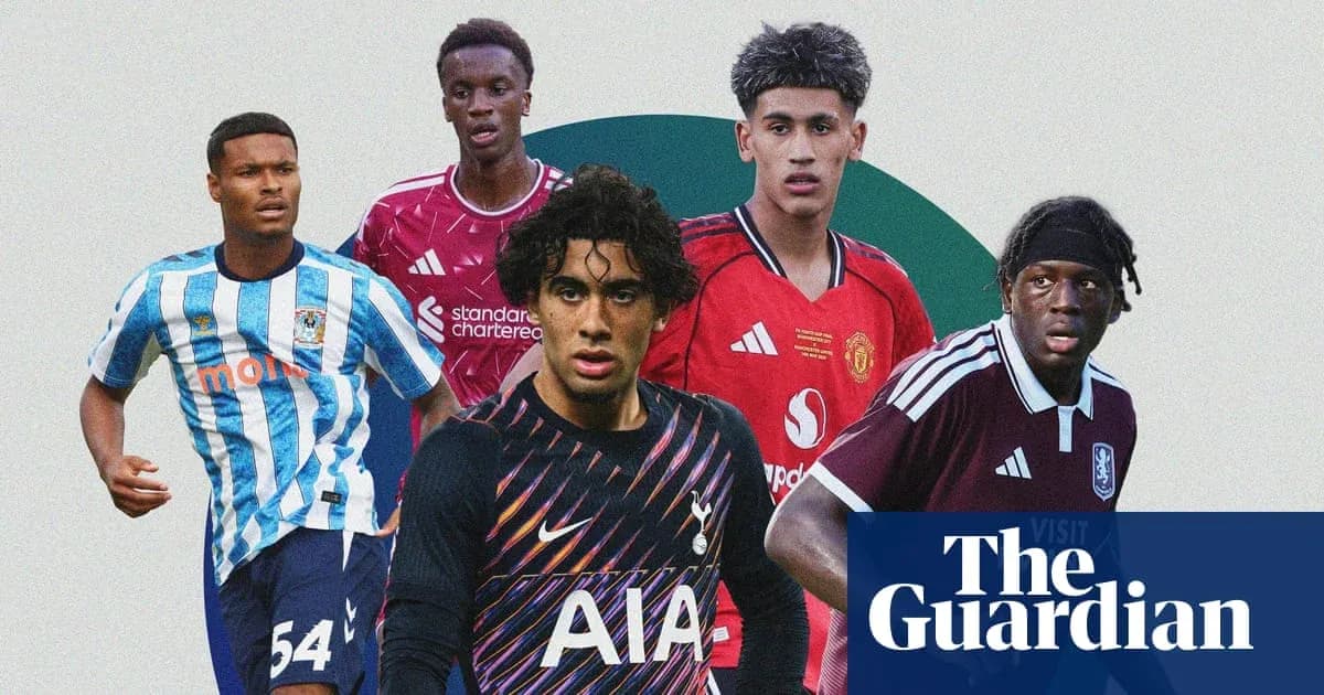 Five young football players in club jerseys Five young football players in club jerseys