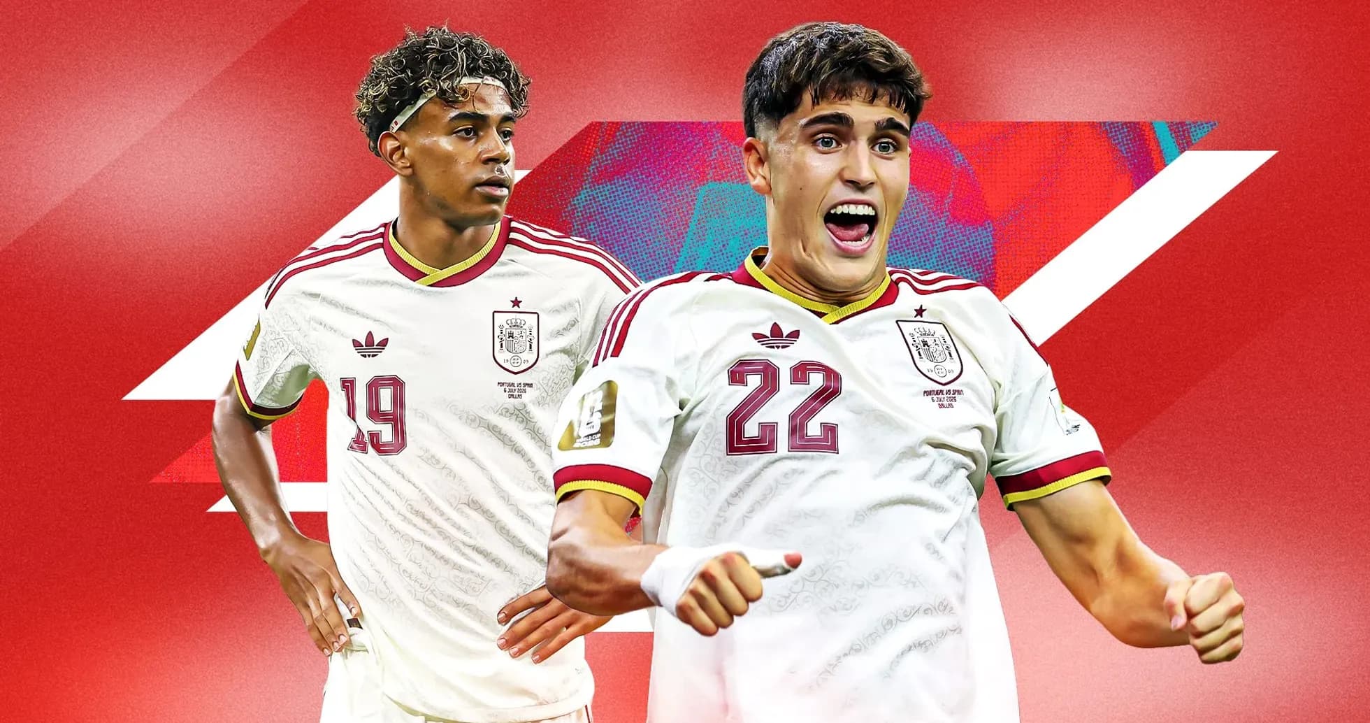 Two Spanish football players celebrating on red background Two Spanish football players celebrating on red background