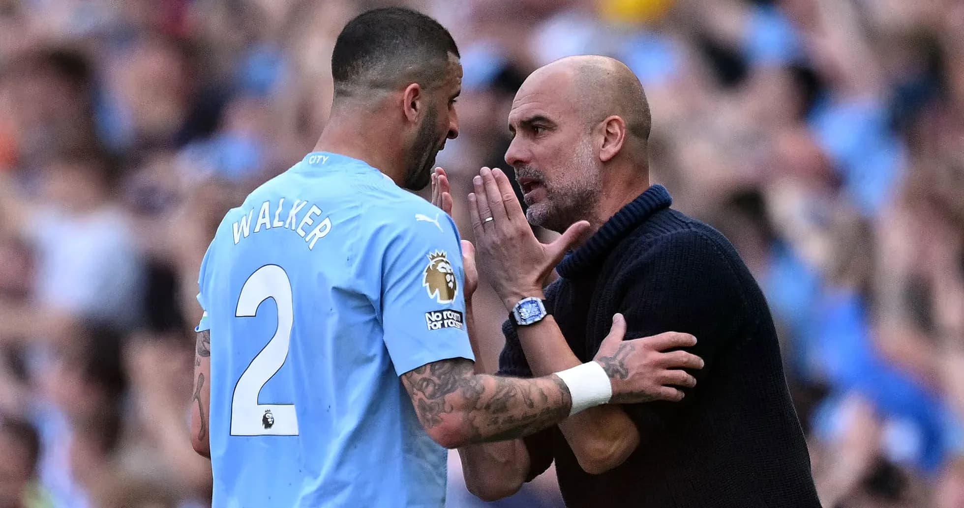 Kyle Walker and Pep Guardiola discussing during match Kyle Walker and Pep Guardiola discussing during match
