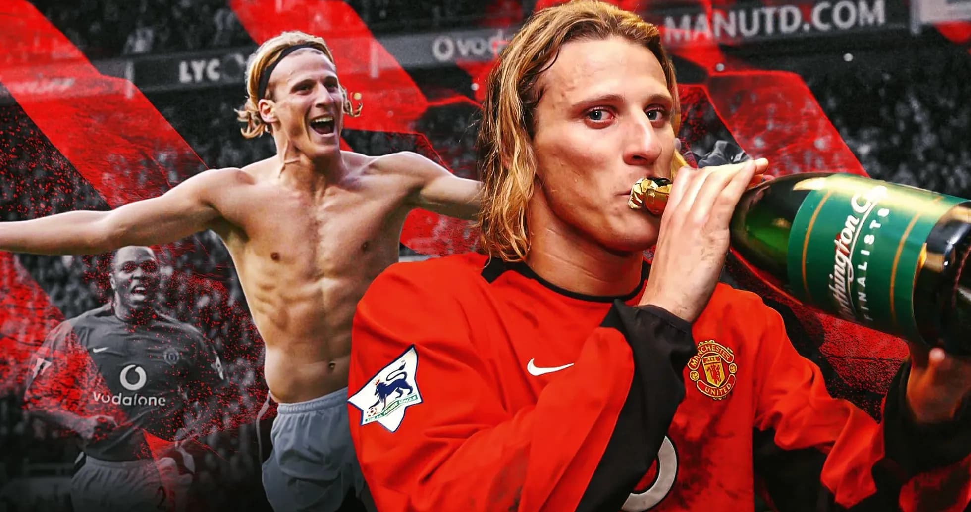 Player celebrating with champagne and team background Player celebrating with champagne and team background