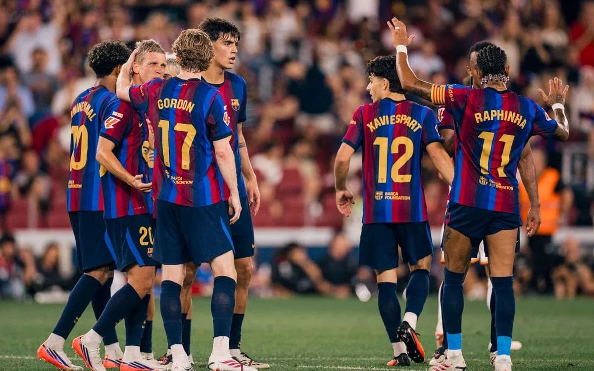 Barcelona players celebrating during UEFA match Barcelona players celebrating during UEFA match