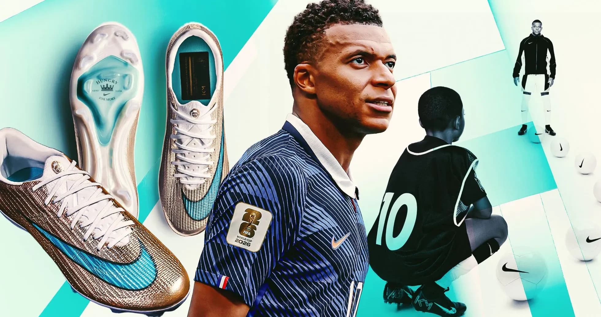 Kylian Mbappé with football boots and training scene Kylian Mbappé with football boots and training scene