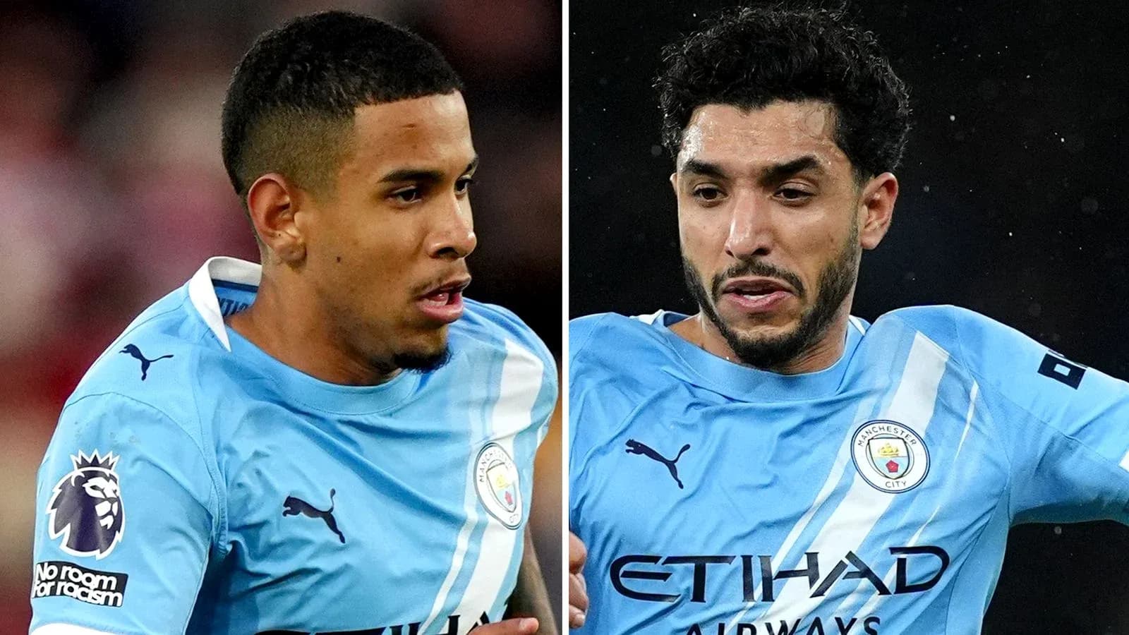 Two Manchester City players in light blue kits Two Manchester City players in light blue kits
