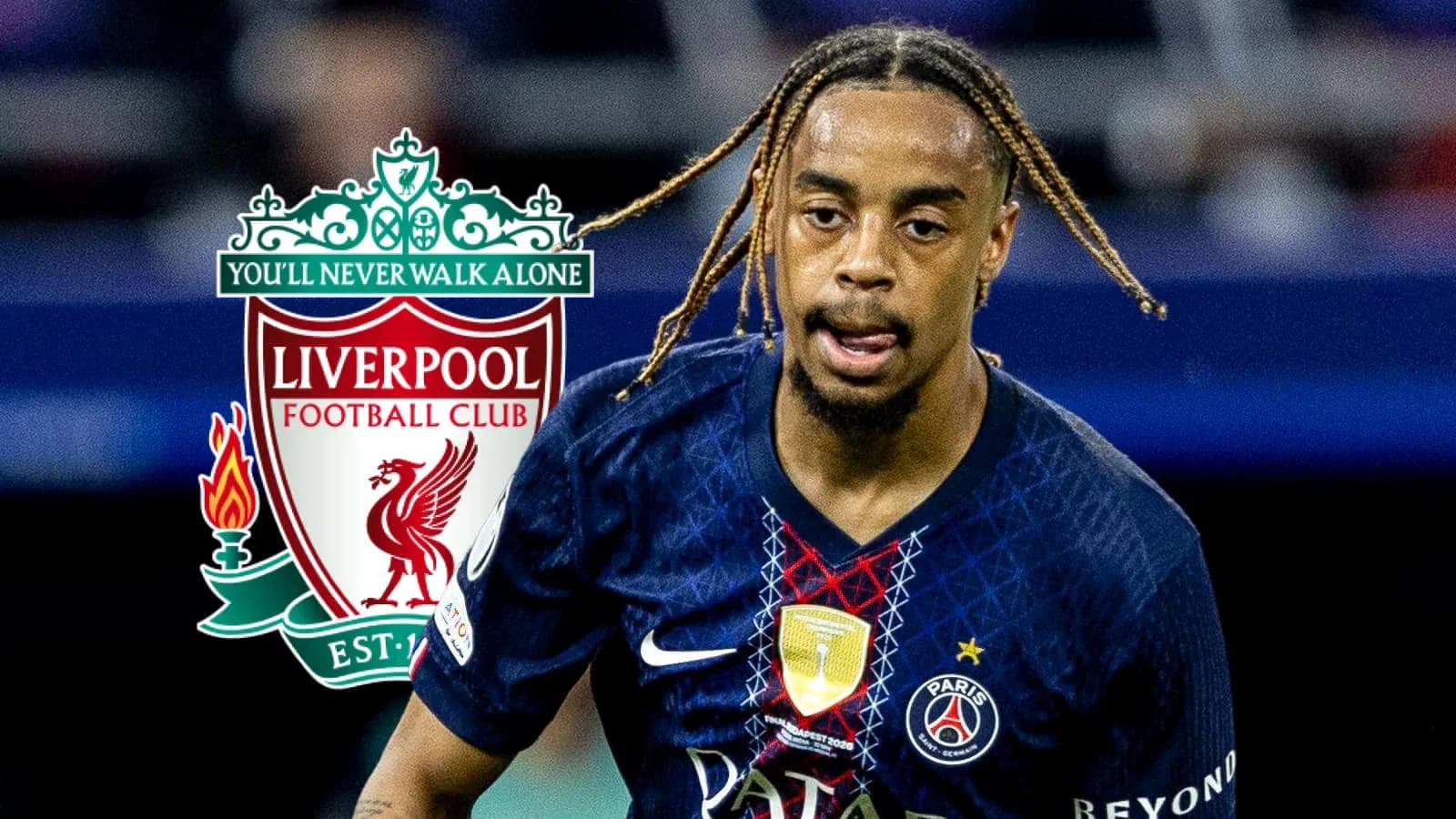 Player in PSG kit running with Liverpool logo overlay Player in PSG kit running with Liverpool logo overlay