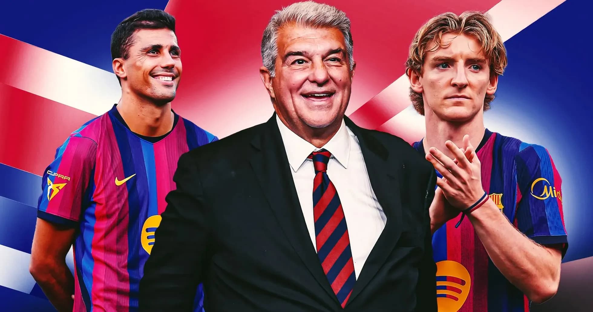Barcelona president with two players in team jerseys Barcelona president with two players in team jerseys