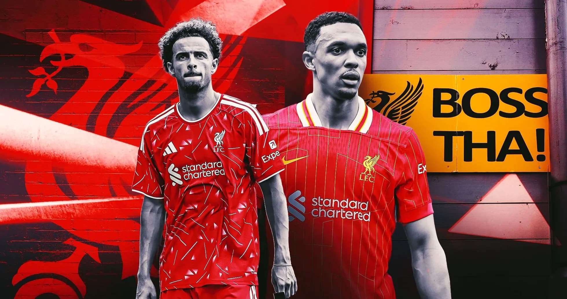 Two Liverpool players in home kits against red background Two Liverpool players in home kits against red background