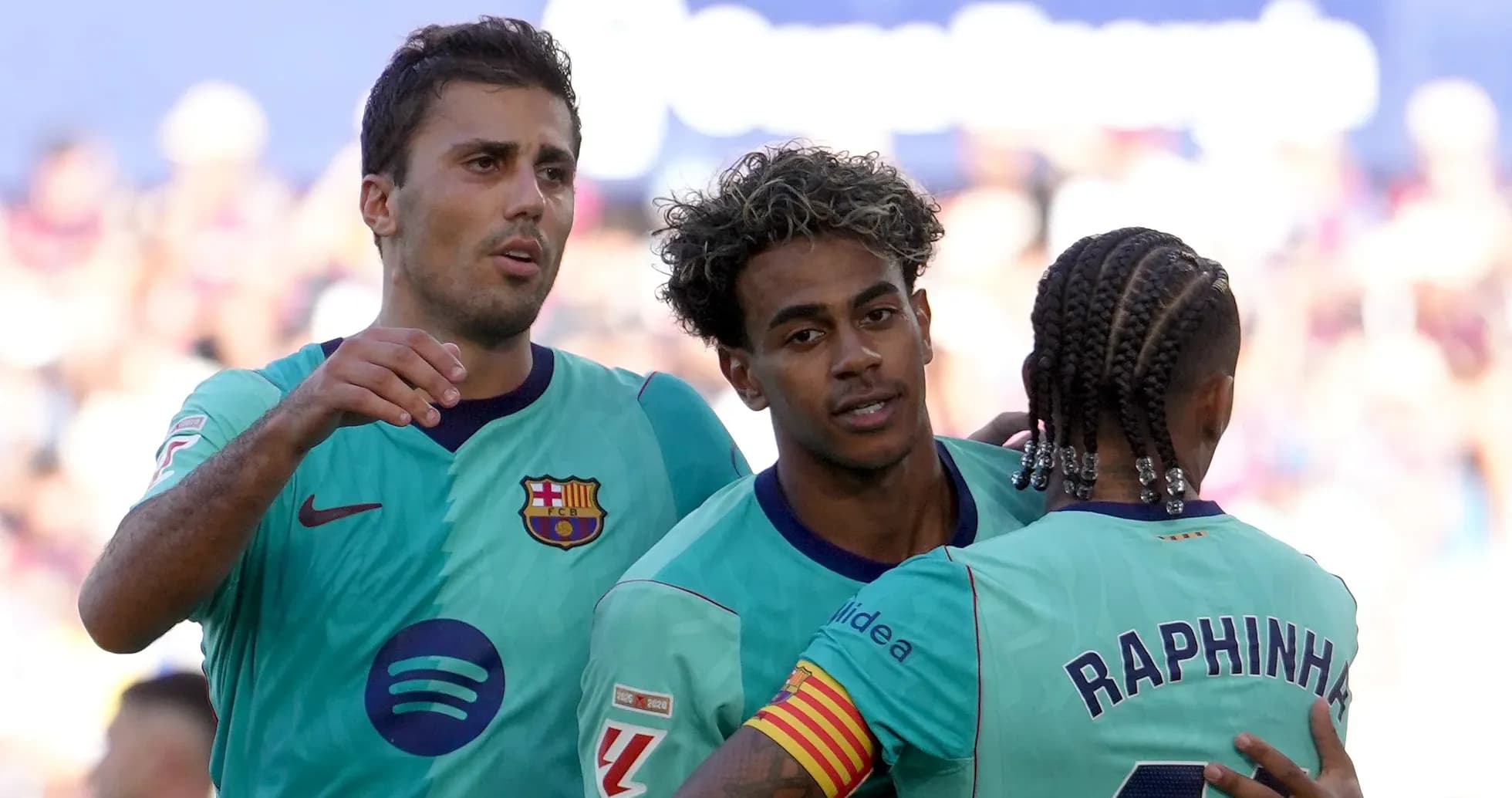 Barcelona players celebrating during a match Barcelona players celebrating during a match