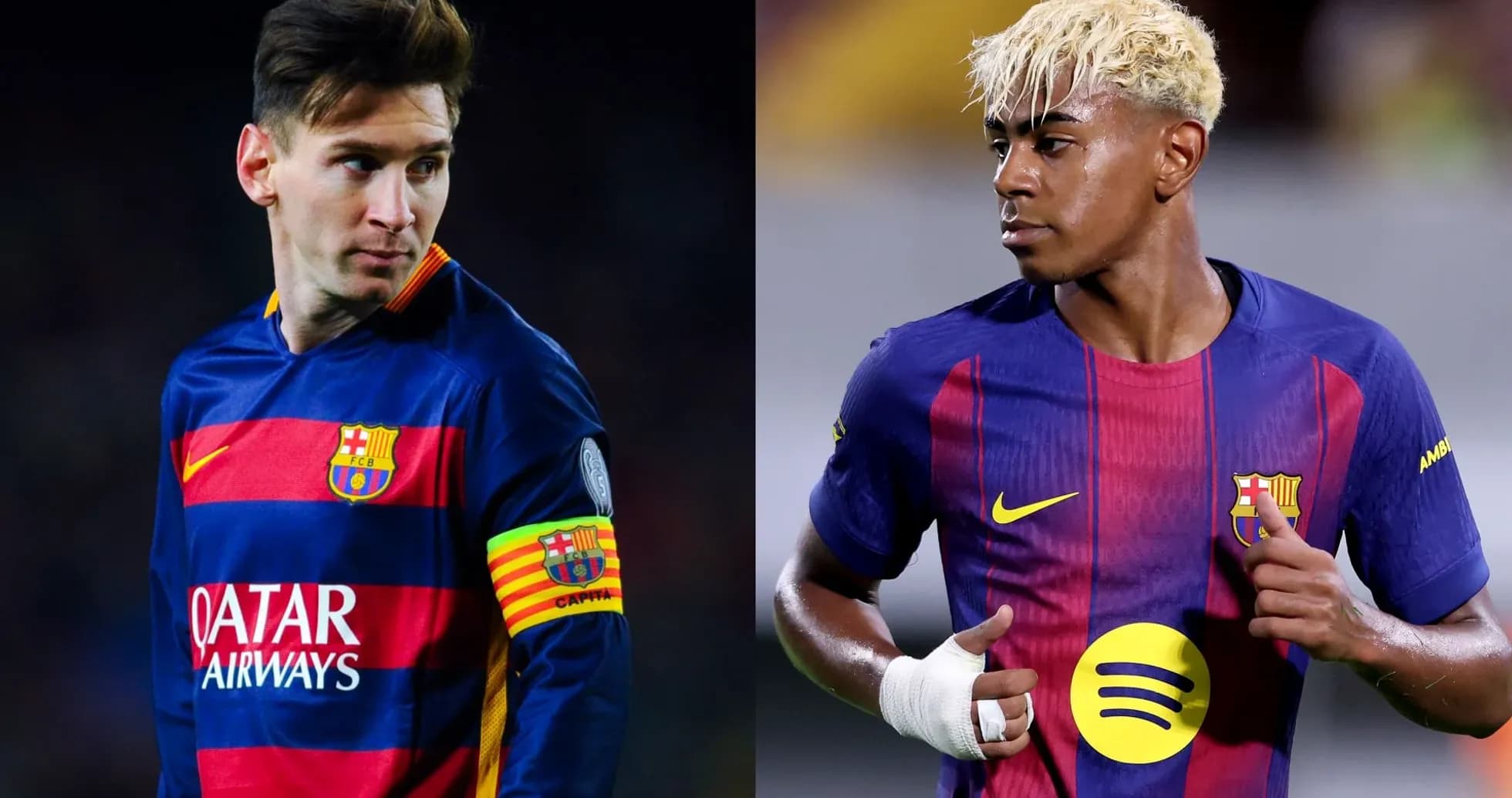 Two FC Barcelona players in team jerseys Two FC Barcelona players in team jerseys