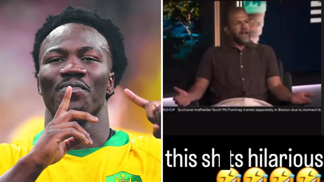 Football player celebrating and a commentator discussing Football player celebrating and a commentator discussing