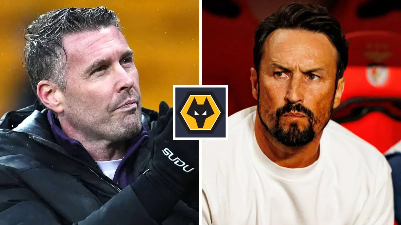 Two football managers with team logo in center Two football managers with team logo in center