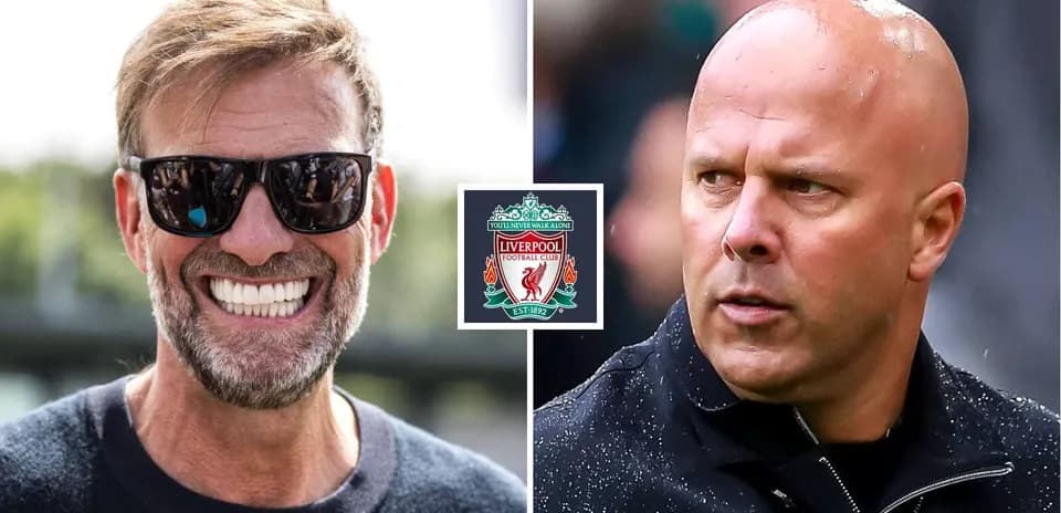 Two football managers with Liverpool logo between them Two football managers with Liverpool logo between them