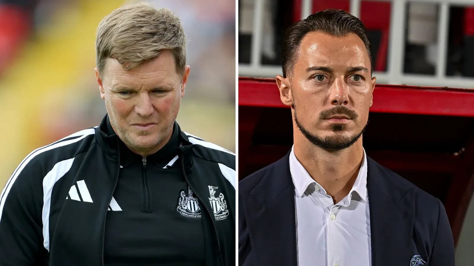 Two football managers on opposite sides of image Two football managers on opposite sides of image