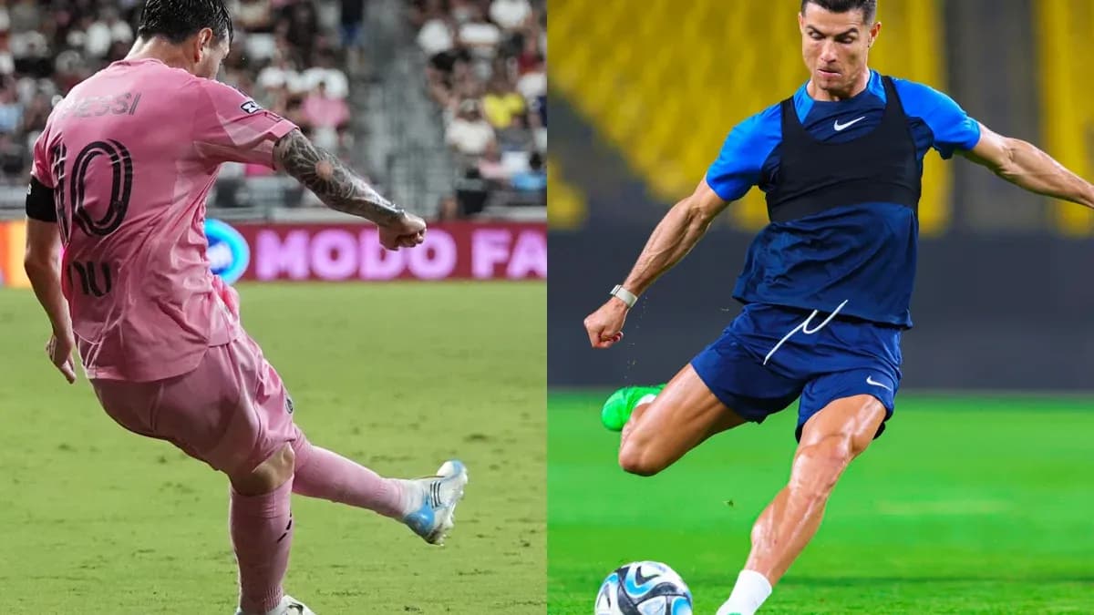 Messi and Ronaldo performing football skills on field Messi and Ronaldo performing football skills on field