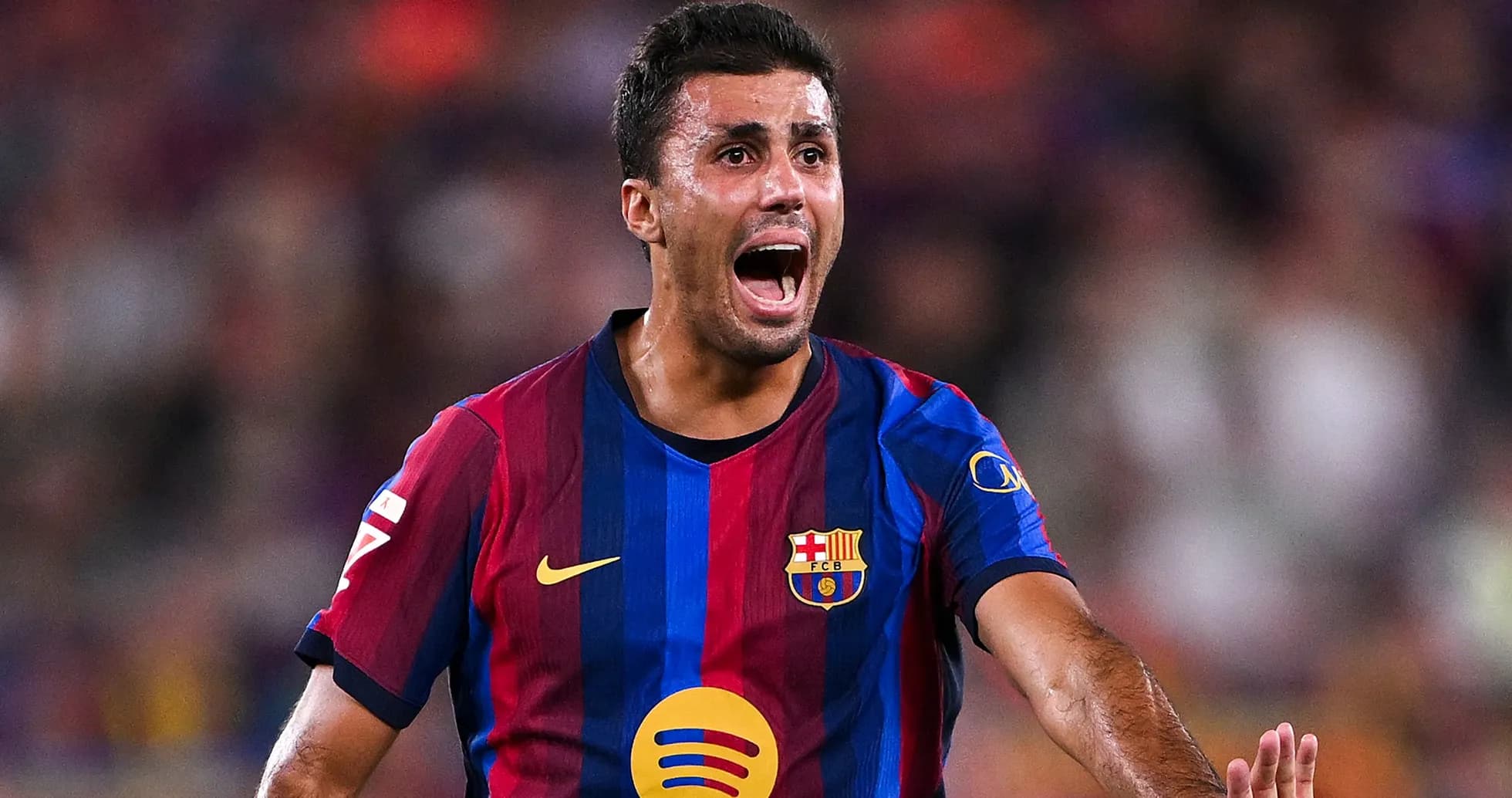 Barcelona player shouting during match celebration Barcelona player shouting during match celebration