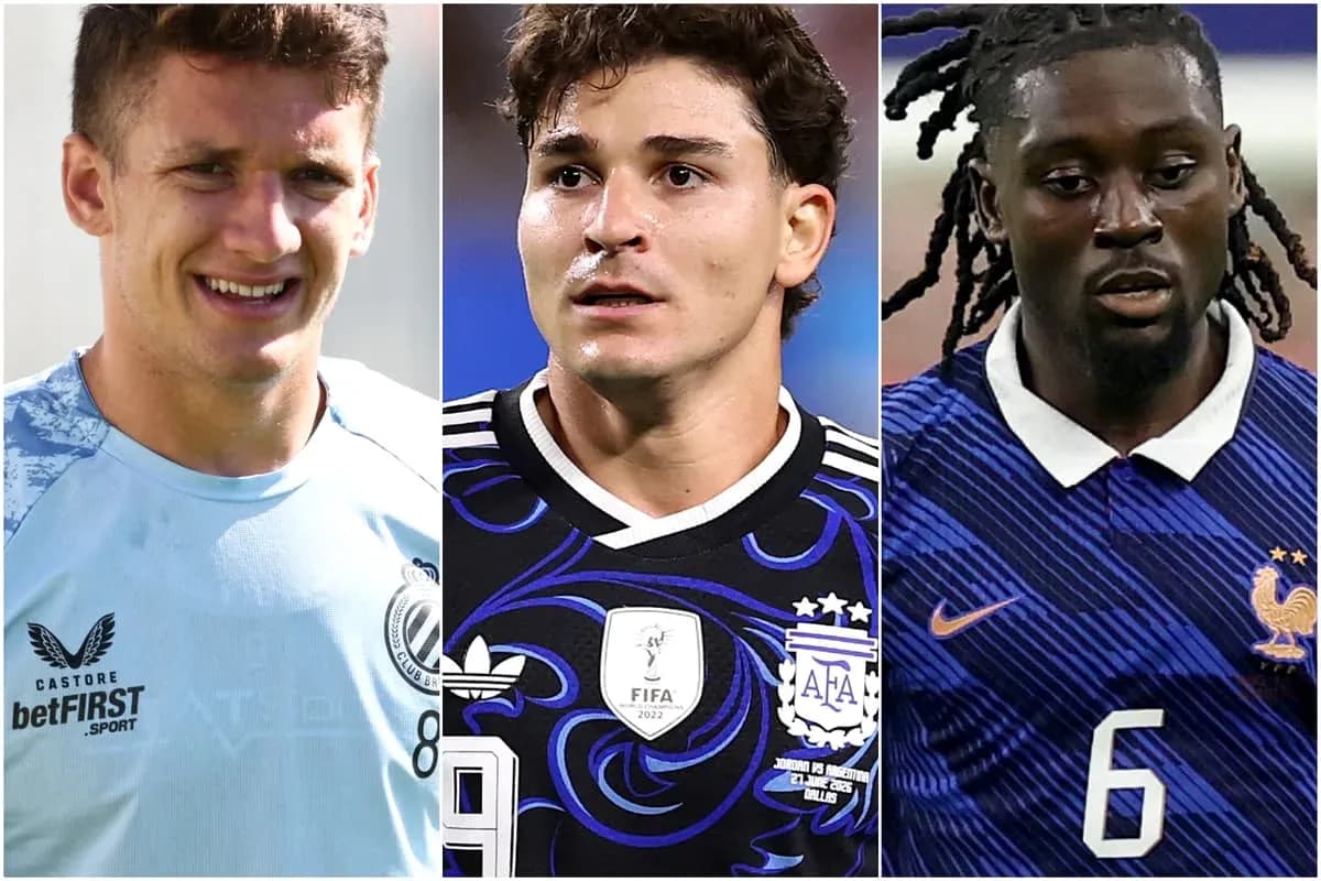 Three football players in team jerseys looking forward Three football players in team jerseys looking forward