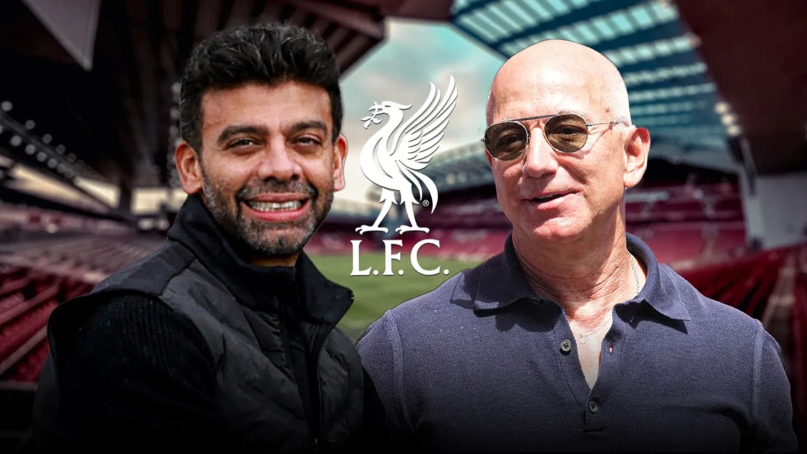 Two men smiling at Anfield stadium with L.F.C. logo Two men smiling at Anfield stadium with L.F.C. logo