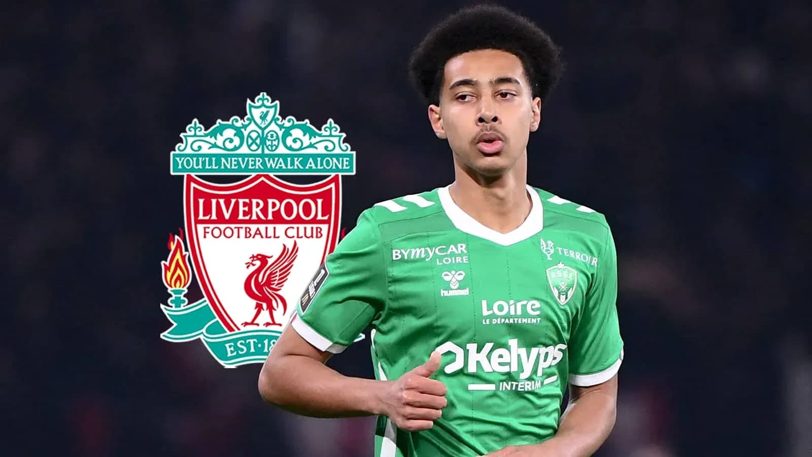 Player in green kit with Liverpool logo in background Player in green kit with Liverpool logo in background