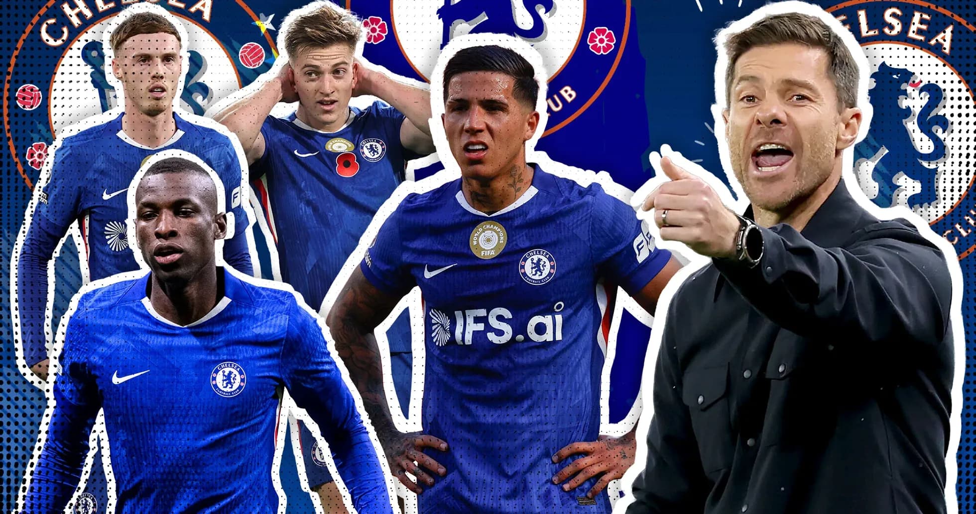 Chelsea players and coach during a match collage Chelsea players and coach during a match collage