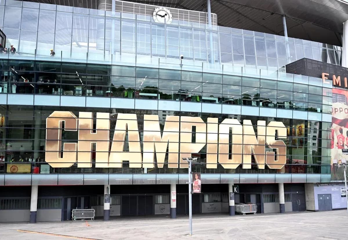 Exterior of stadium with 'CHAMPIONS' sign displayed Exterior of stadium with 'CHAMPIONS' sign displayed