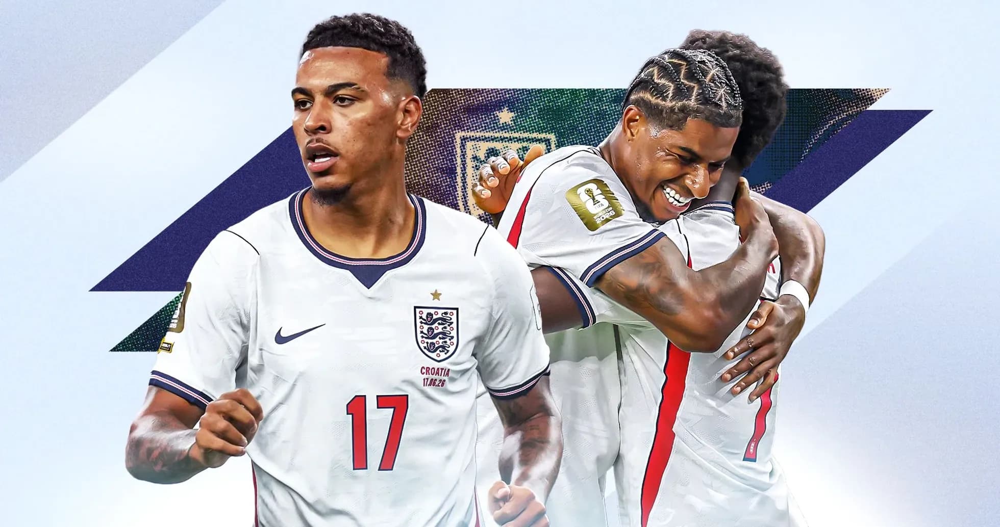 Two England players celebrating a goal together Two England players celebrating a goal together