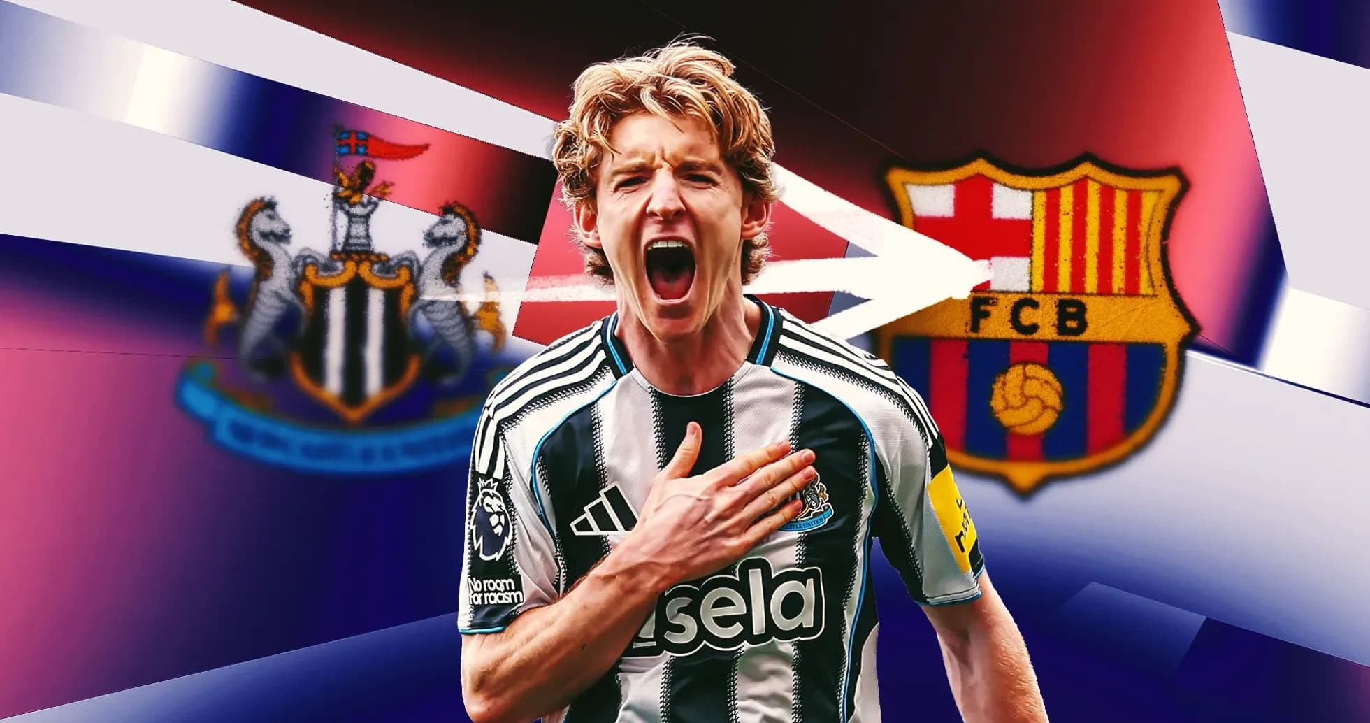 Player celebrating with Newcastle and Barcelona logos in background Player celebrating with Newcastle and Barcelona logos in background