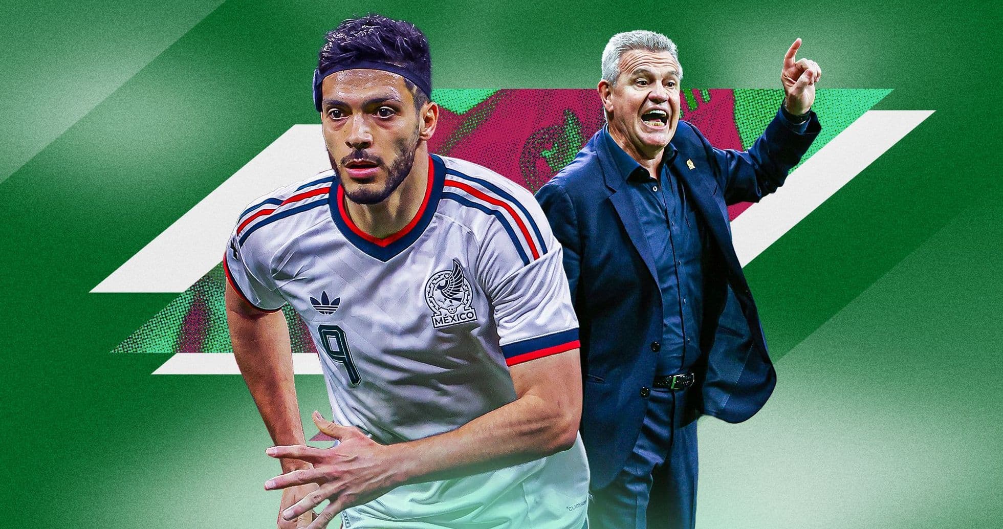 Player in Mexico jersey and coach gesturing on field Player in Mexico jersey and coach gesturing on field