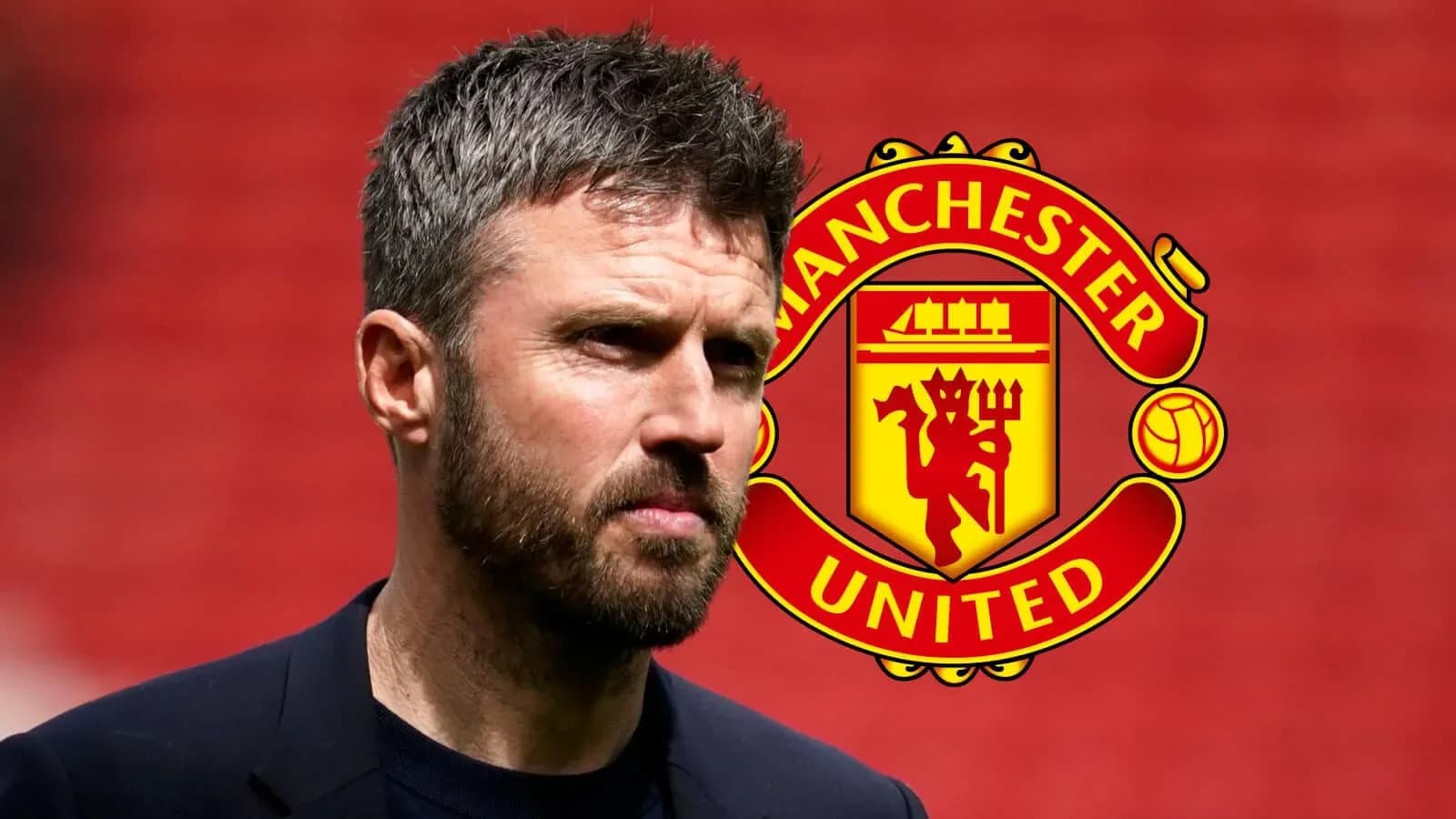 Man with beard in front of Manchester United logo Man with beard in front of Manchester United logo
