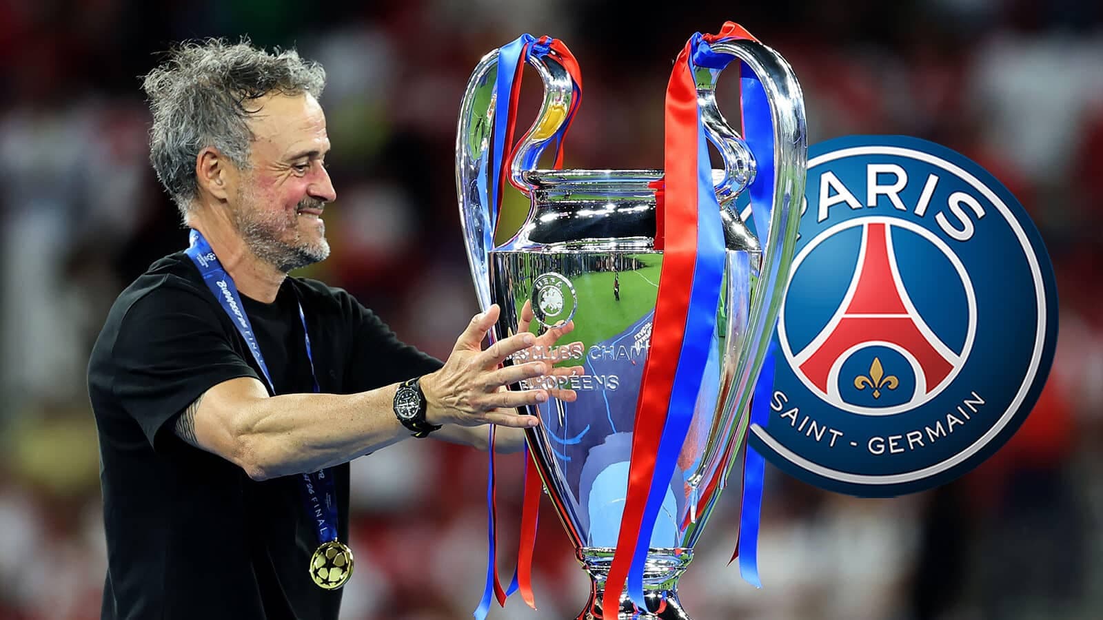 Coach celebrating with UEFA Champions League trophy Coach celebrating with UEFA Champions League trophy