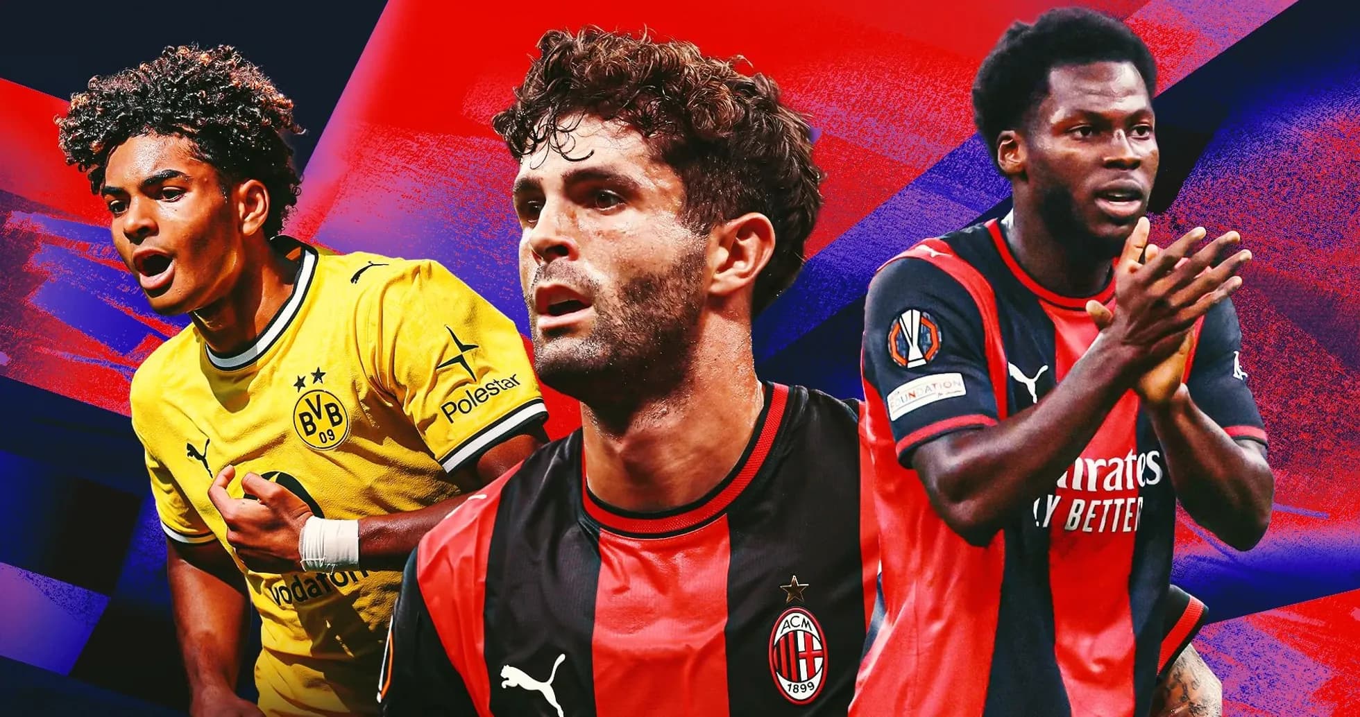 Three soccer players in team jerseys on colorful background Three soccer players in team jerseys on colorful background