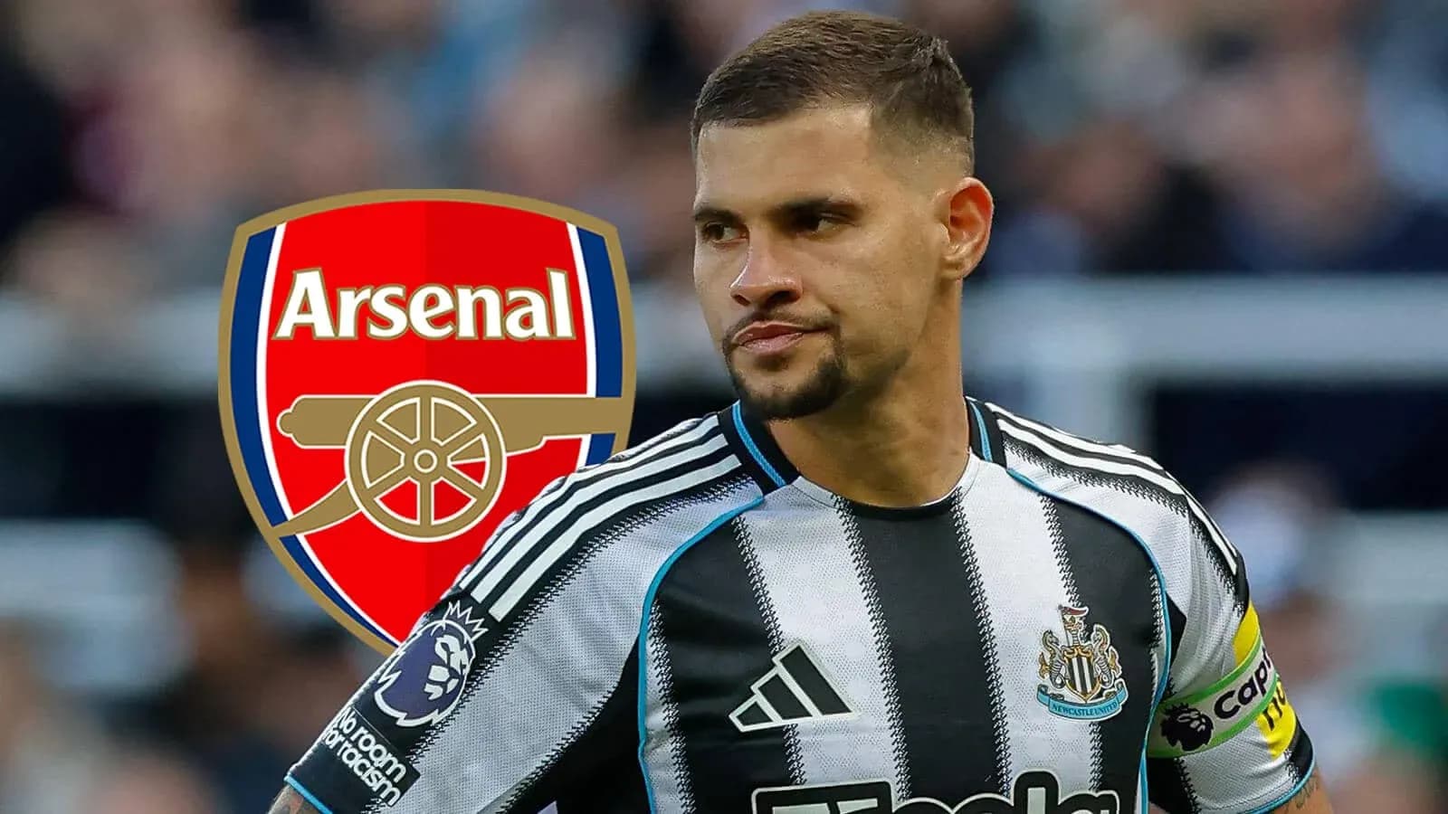Newcastle player in jersey with Arsenal logo background Newcastle player in jersey with Arsenal logo background