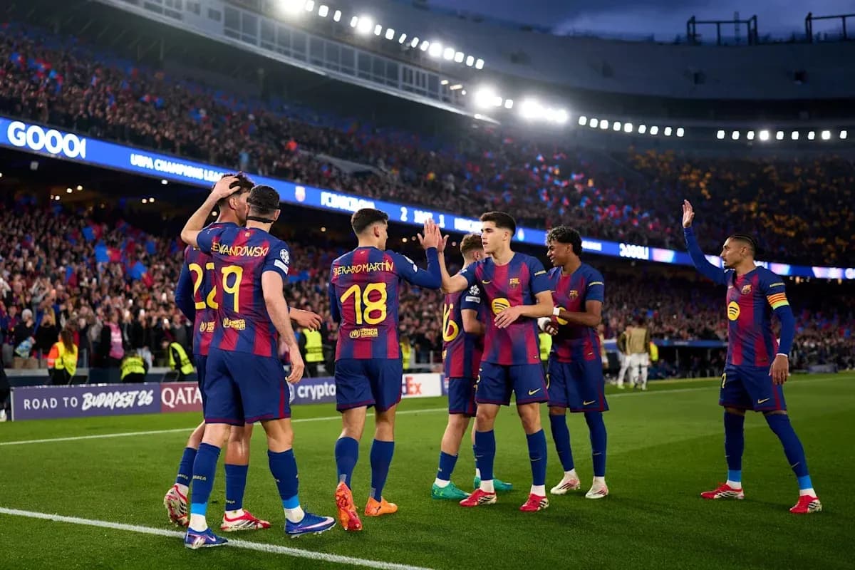 Barcelona players celebrating a goal in stadium Barcelona players celebrating a goal in stadium