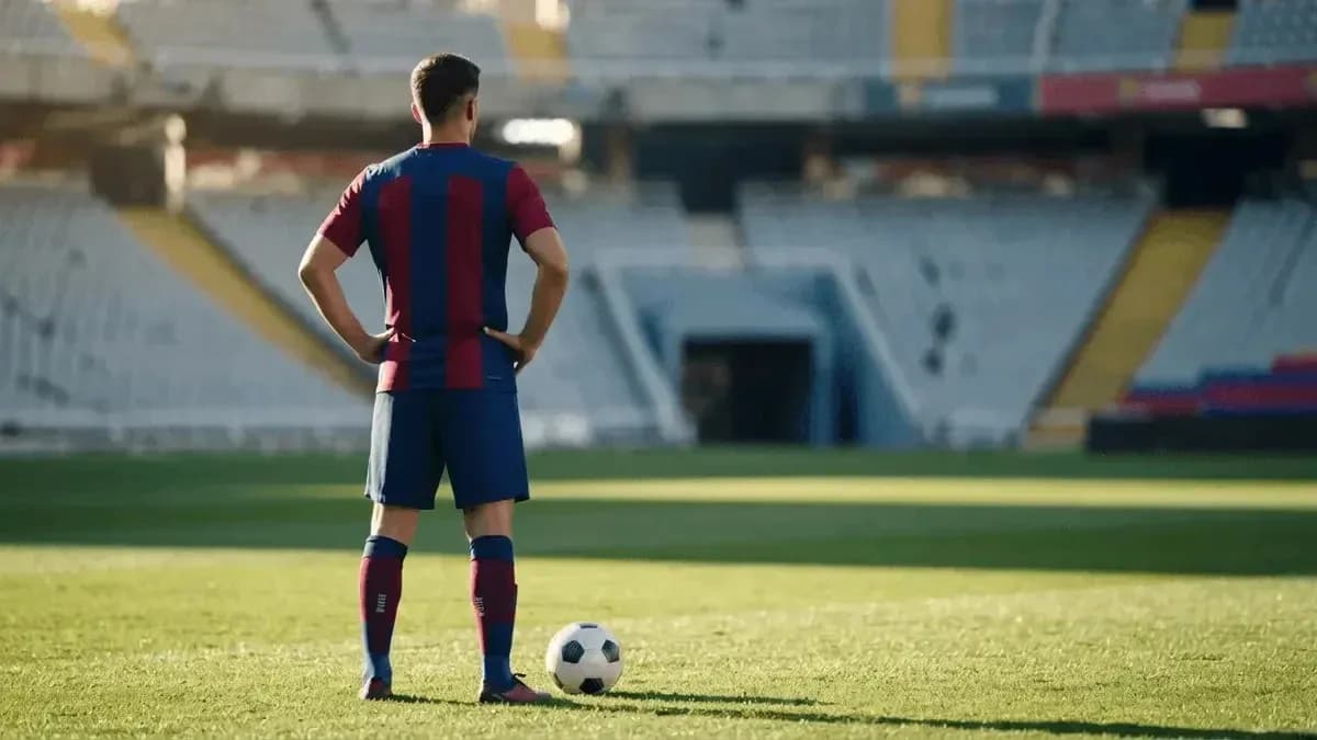 Player standing over ball on empty soccer field Player standing over ball on empty soccer field