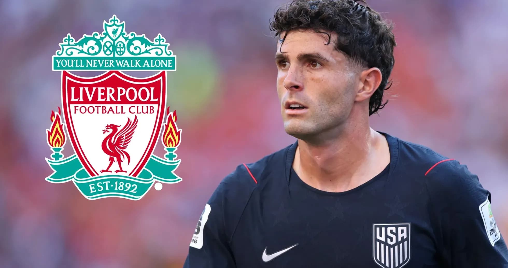Player in USA jersey with Liverpool logo background Player in USA jersey with Liverpool logo background