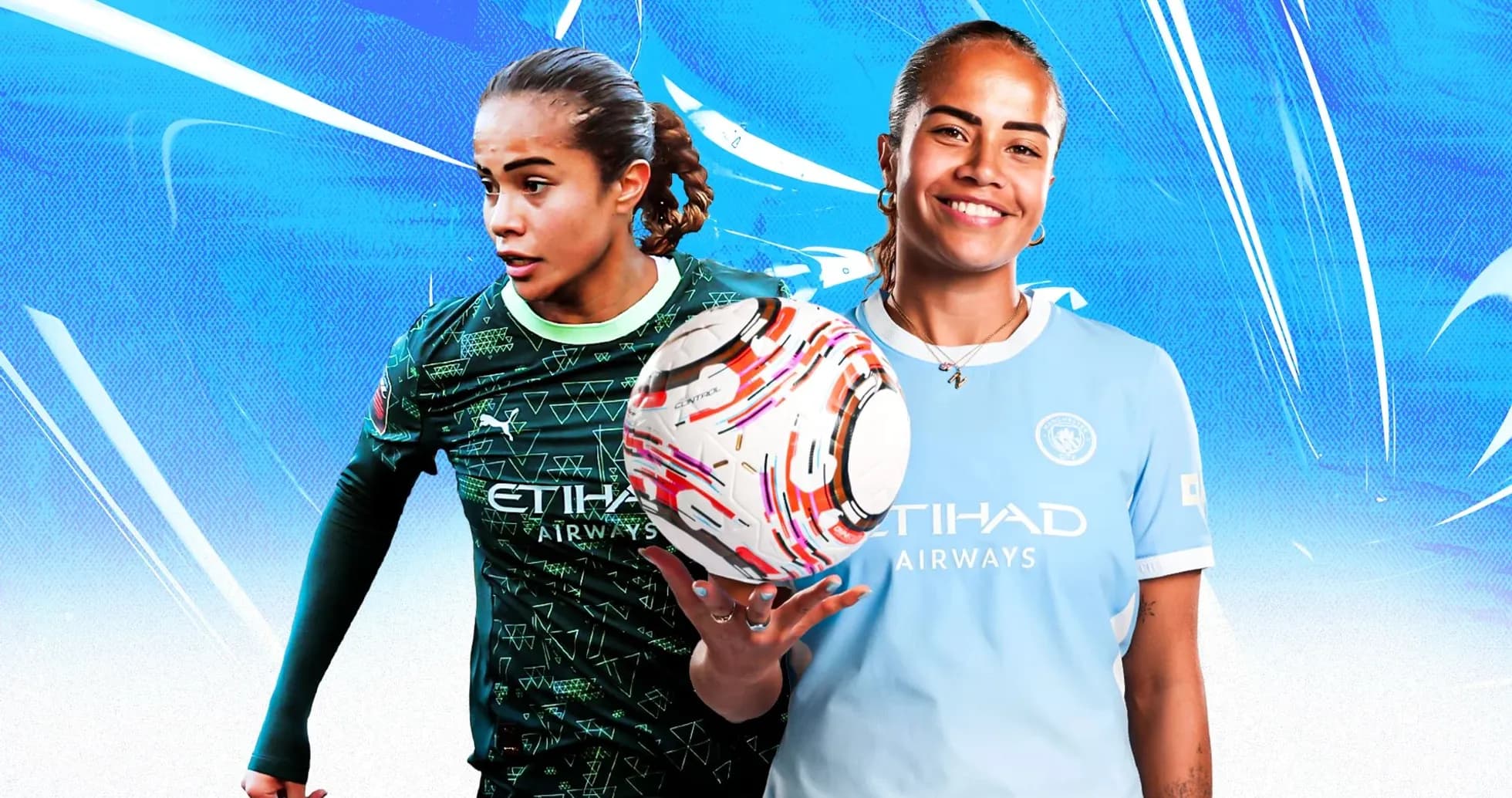 Two female soccer players posing with a ball Two female soccer players posing with a ball
