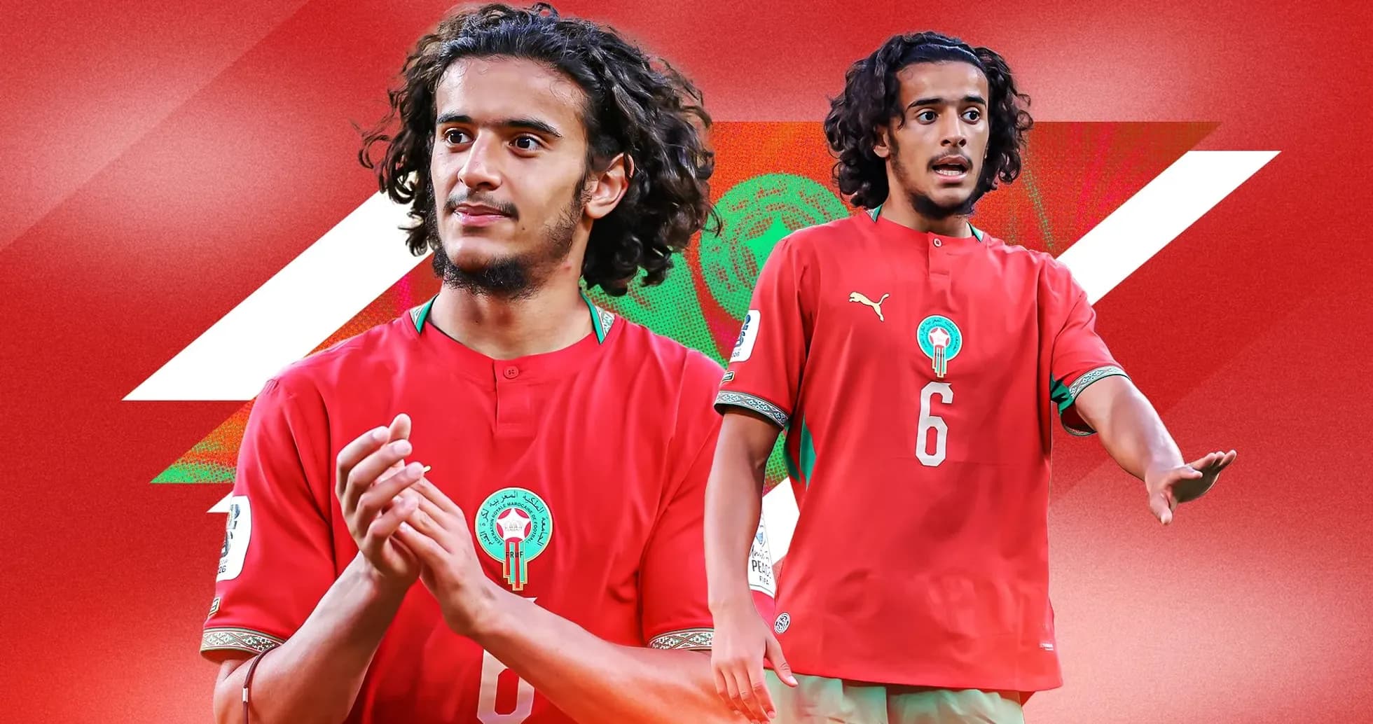 Player in red Morocco jersey gesturing on field Player in red Morocco jersey gesturing on field