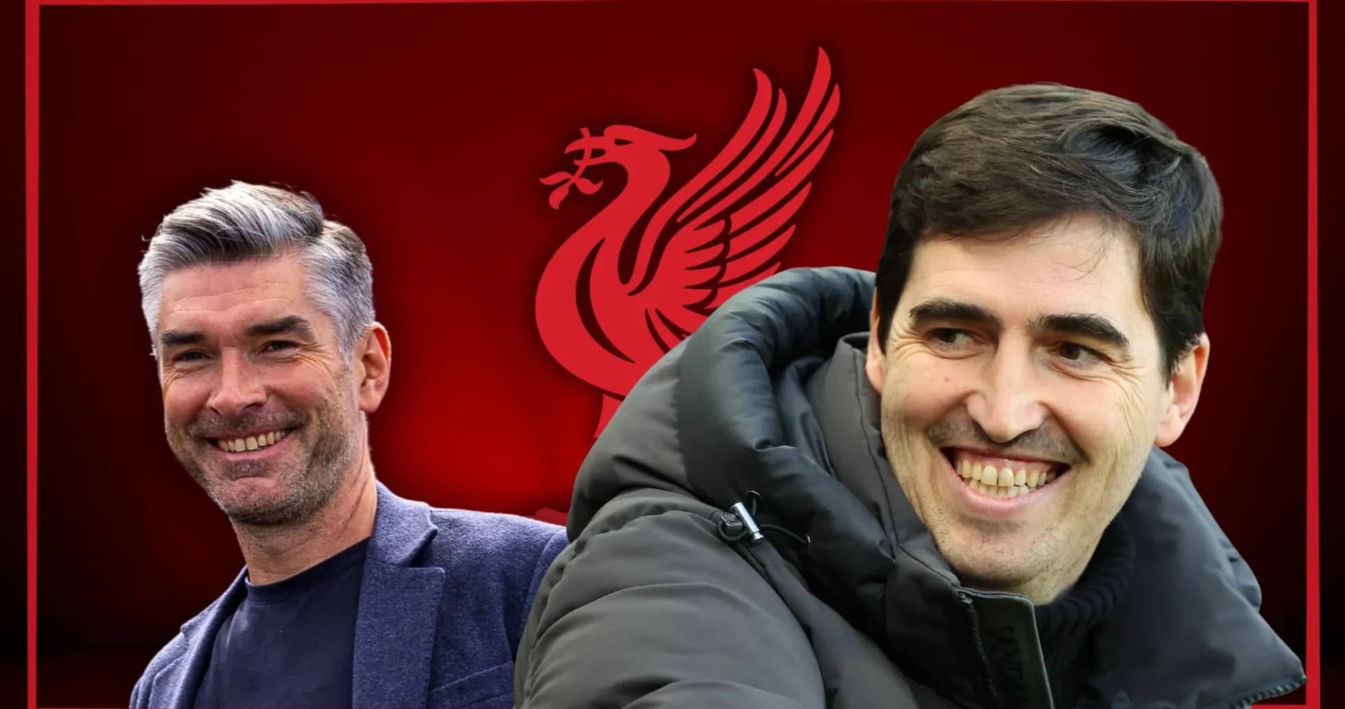 Two coaches smiling with Liverpool logo background Two coaches smiling with Liverpool logo background