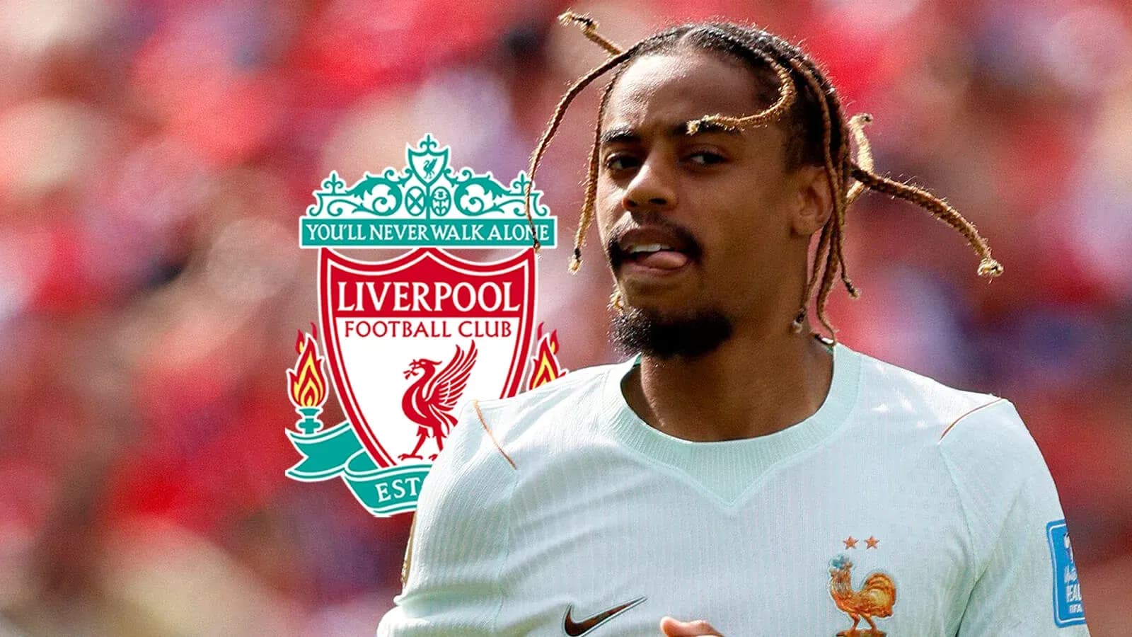 Player in France kit with Liverpool logo background Player in France kit with Liverpool logo background