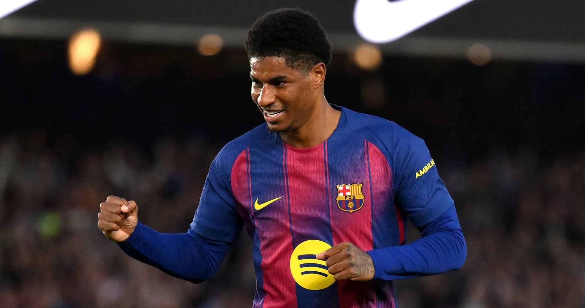 Player celebrating a goal in Barcelona jersey Player celebrating a goal in Barcelona jersey