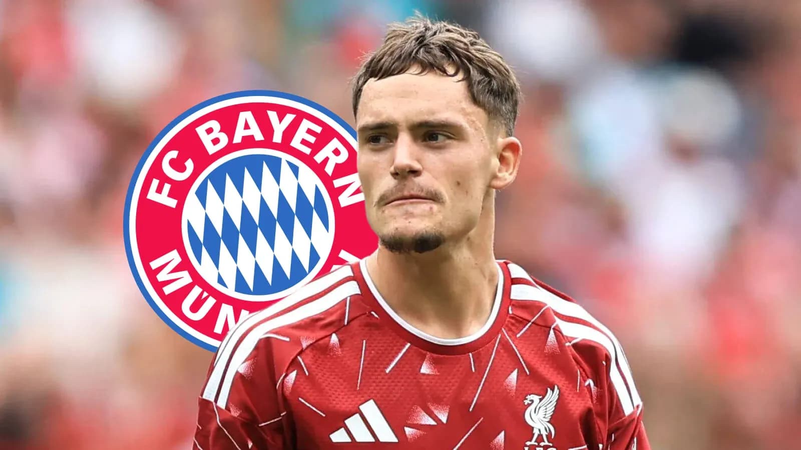 Player in Liverpool jersey with Bayern Munich logo background Player in Liverpool jersey with Bayern Munich logo background