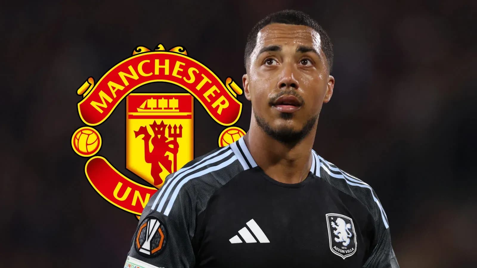 Aston Villa player with Manchester United logo background Aston Villa player with Manchester United logo background